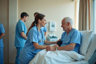 Infirmière rassurante auprès d'un patient âgé dans un service hospitalier