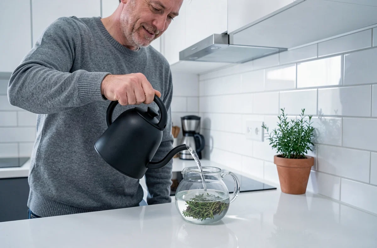 Homme versant de l'eau chaude dans une théière contenant du thym séché pour préparer une infusion maison dans une cuisine moderne