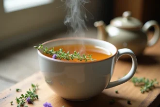 Infusion de thym dans une tasse en céramique blanche avec des brins de thym frais et fleurs violettes sur une table en bois rustique