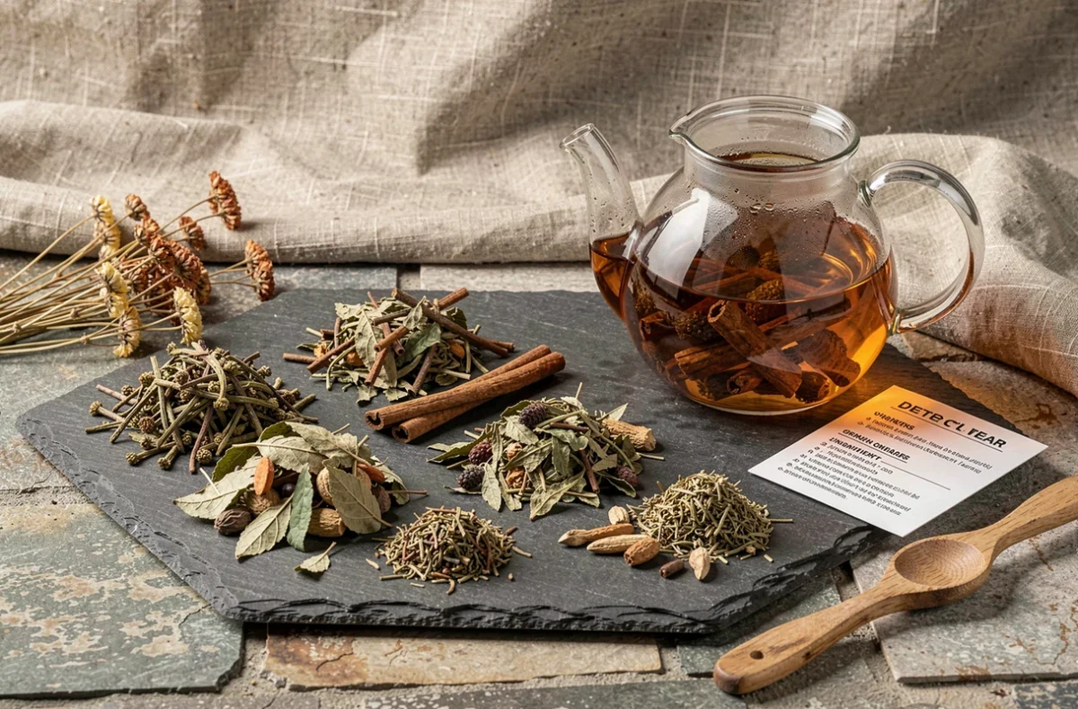 Ingrédients botaniques d'un thé détox lulutox disposés sur ardoise avec une théière en verre et une fiche d'ingrédients