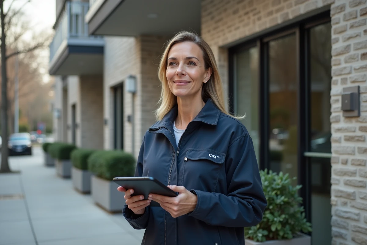 Inspectrice avec tablette devant immeuble résidentiel