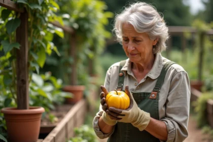 Jardinière tenant un fruit de coloquinte toxique dans ses mains gantées au potager