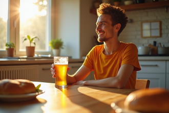 Jeune adulte heureux dégustant une bière sans gluten à la maison