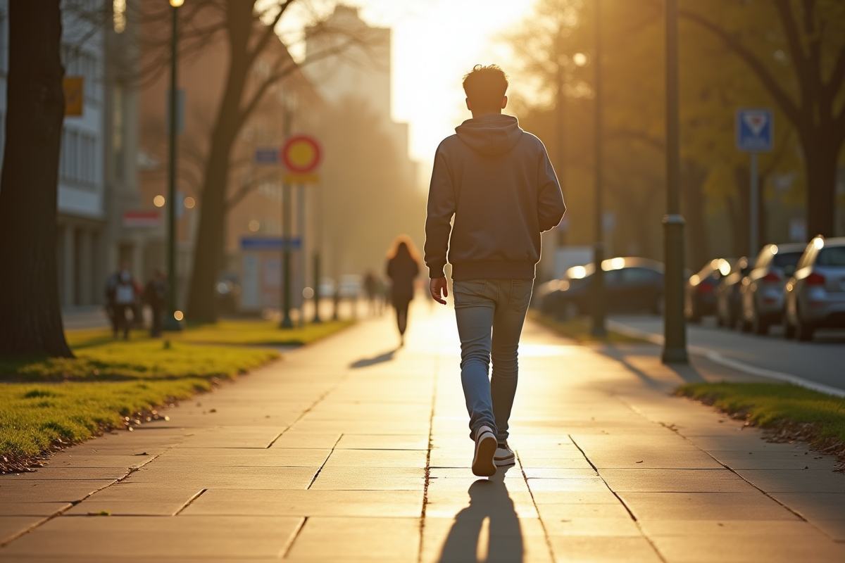 Jeune adulte marchant dans une ville ensoleillee avec ombres longues