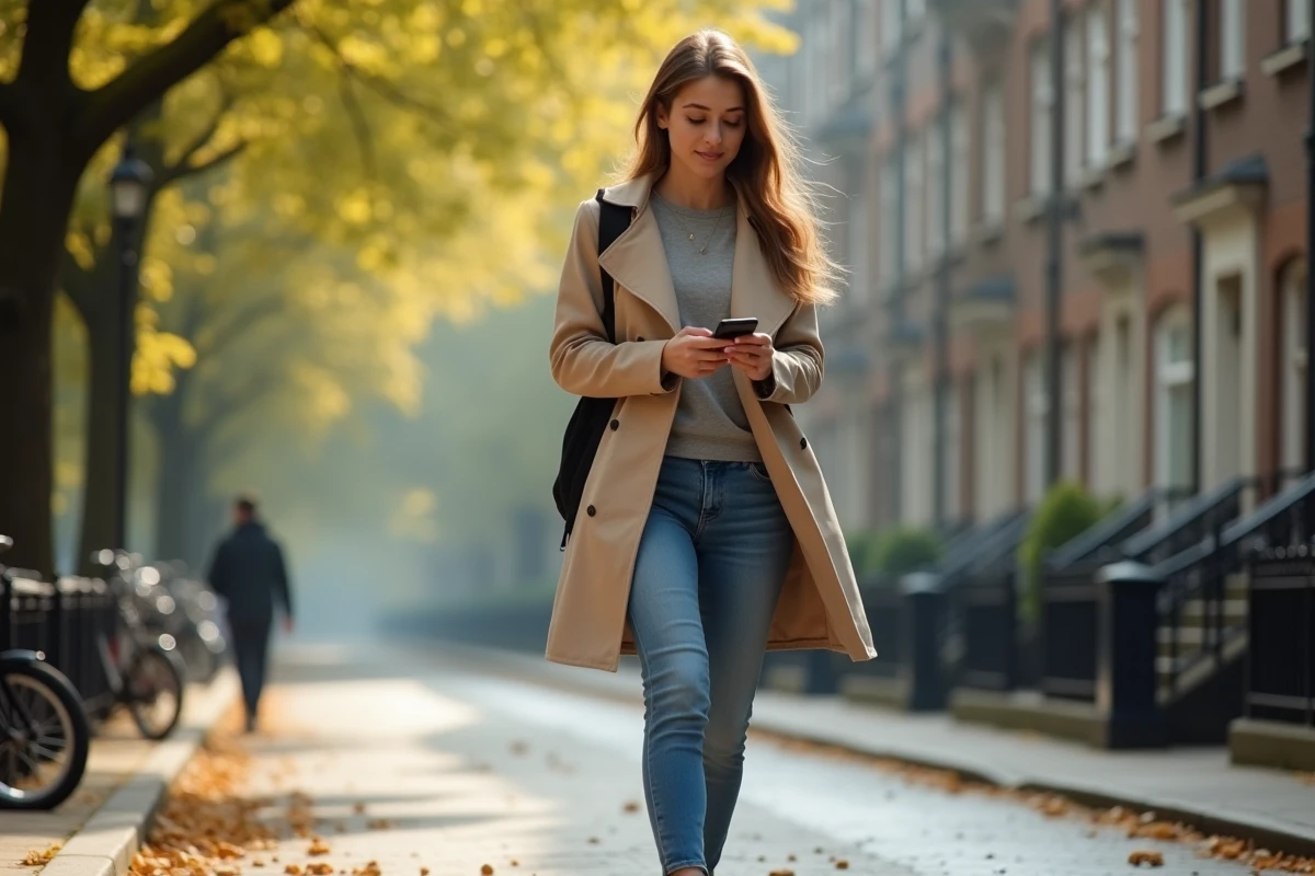 Jeune femme comptant ses pas dans un quartier résidentiel