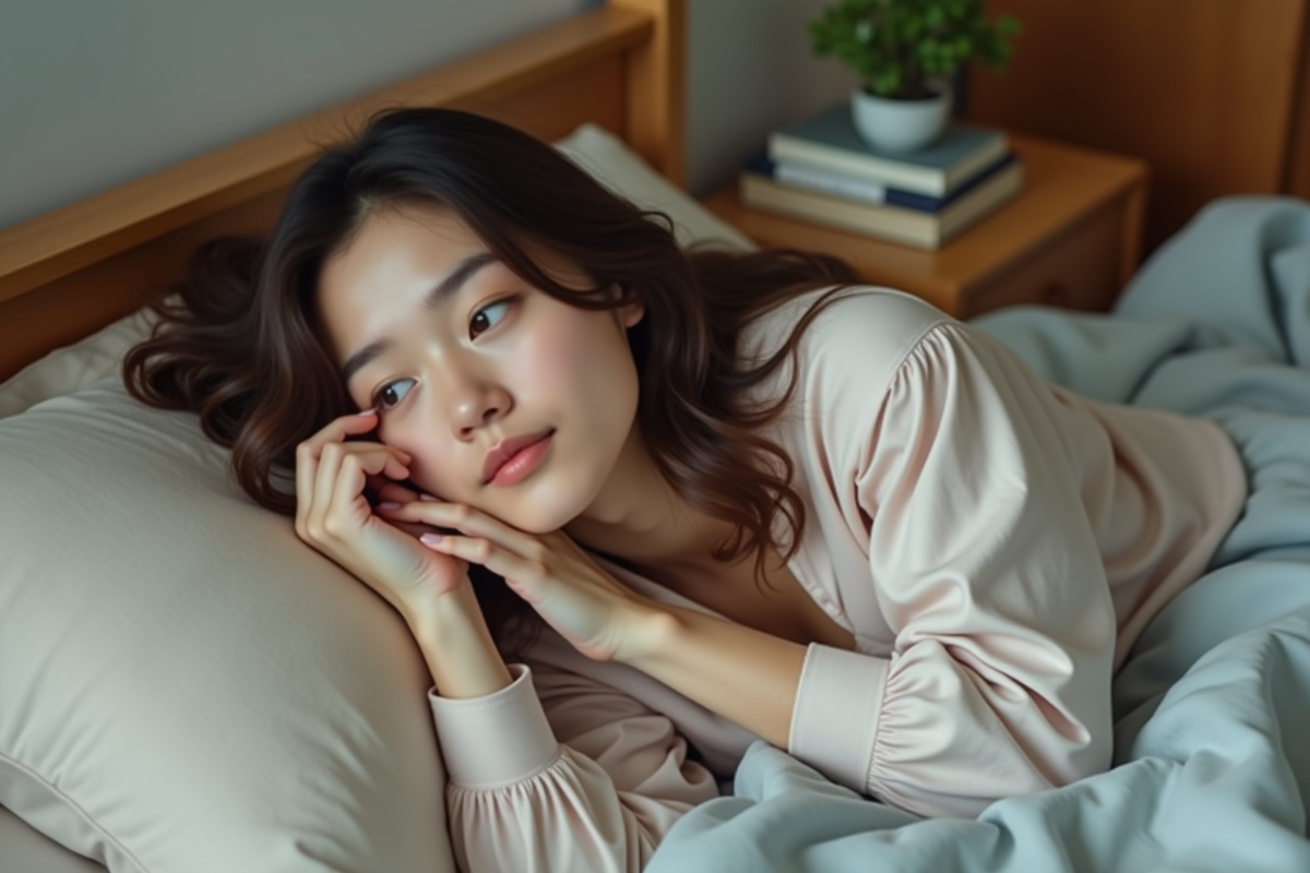 Jeune femme en pyjama dans son lit calme et contemplative