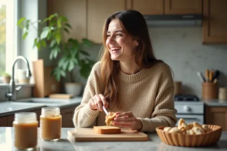 Jeune femme souriante tartinant du beurre de cacahuete sur du pain complet