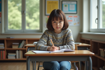 Jeune fille au bureau scolaire écrivant dans un cahier