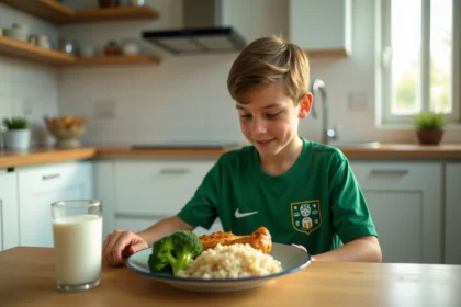 Jeune footballeur adolescent mangeant un repas équilibré riche en protéines et calcium pour soulager la maladie de Sever