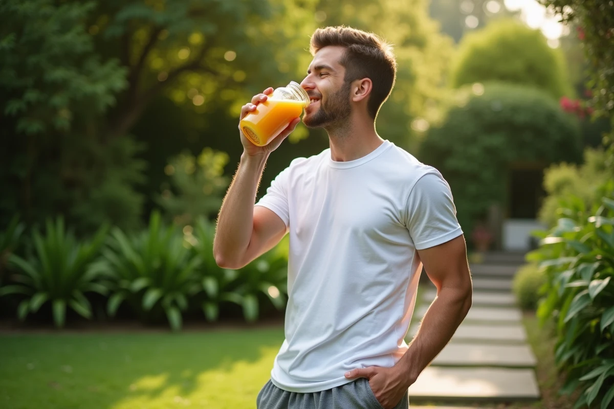 Jeune homme buvant un jus detox dans un jardin verdoyant