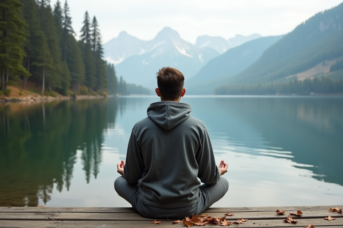 Jeune homme assis au bord du lac en position de lotus