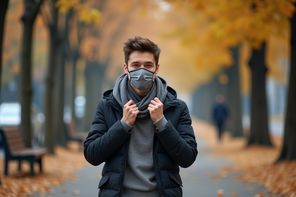 Jeune homme en ville portant un masque dans un parc d