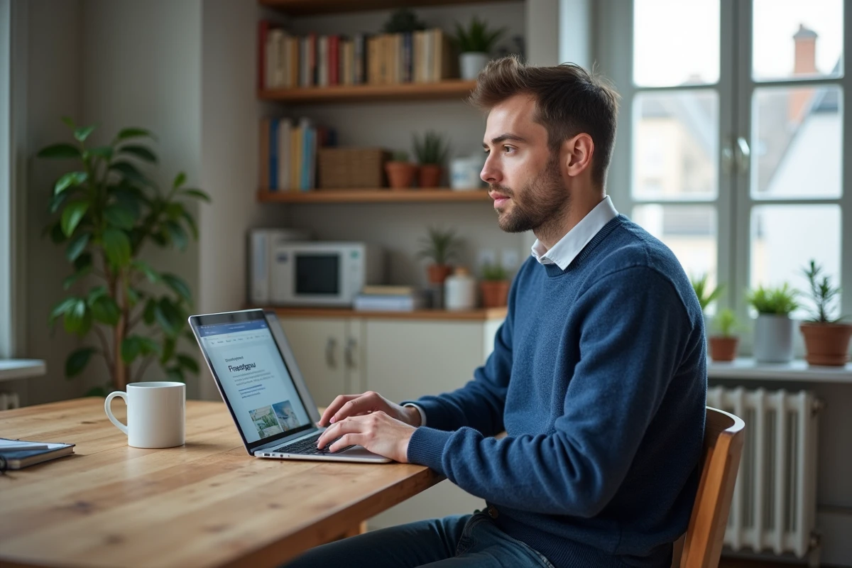 Jeune homme regarde le site Finessgouv sur son ordinateur portable à la maison