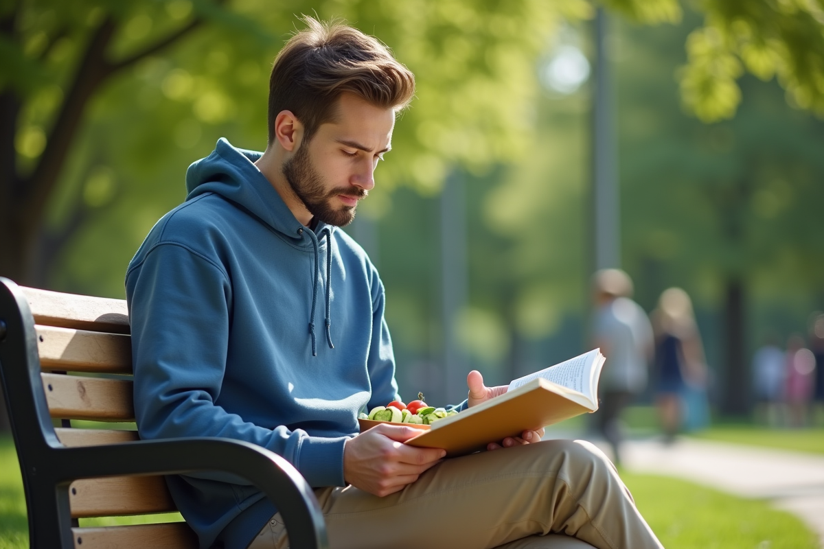 Jeune homme lisant dans un parc avec snack sain