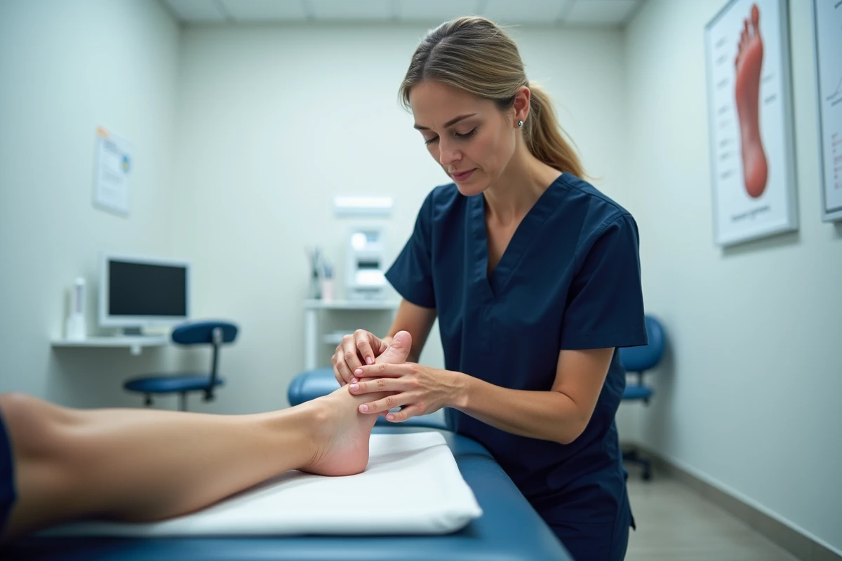 Kinésithérapeute examinant le dessus du pied d'un patient sur une table de soins dans un cabinet médical