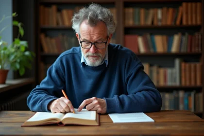 Linguiste français feuilletant un dictionnaire dans un bureau