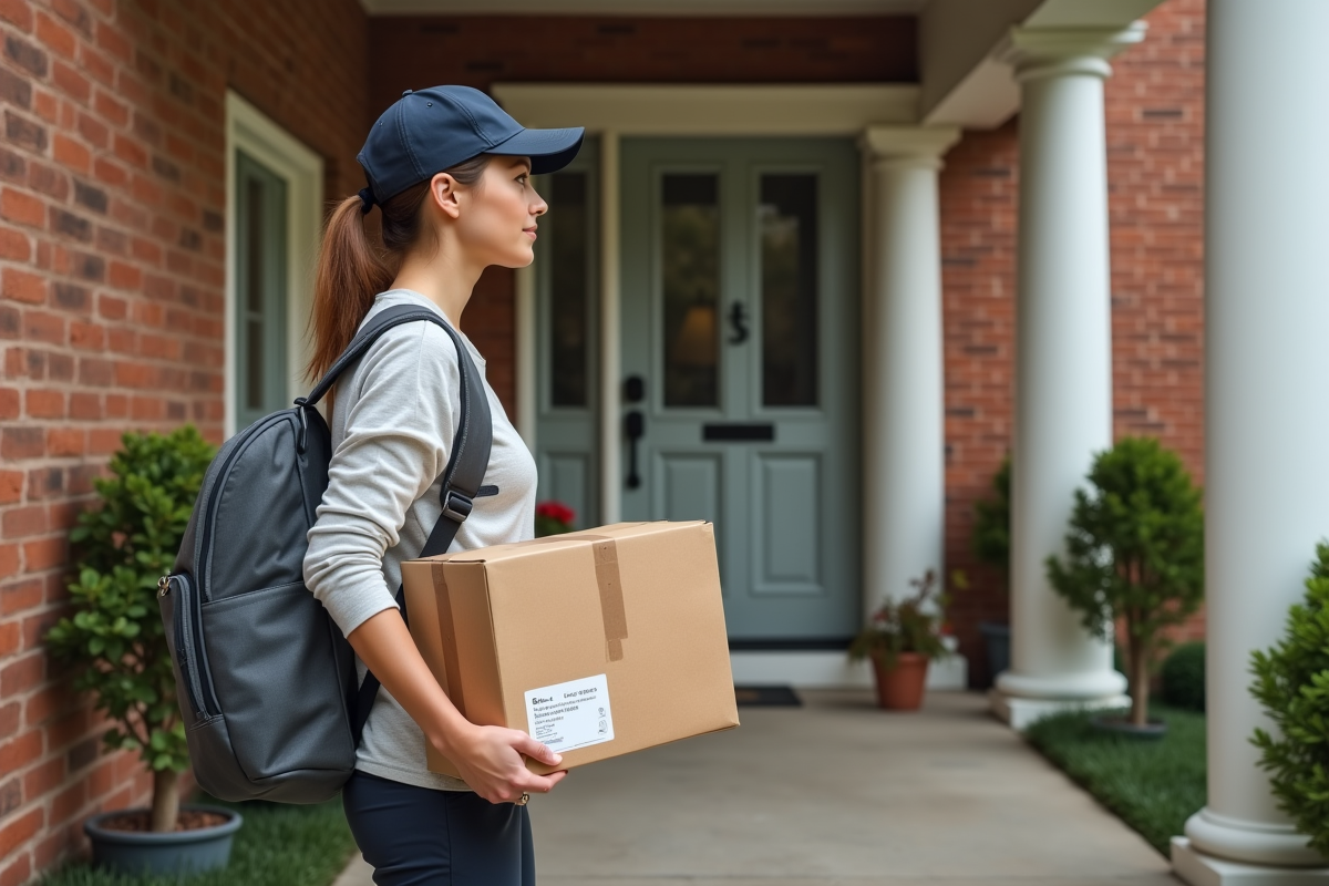 Livreuse livrant un colis de medicaments à une maison