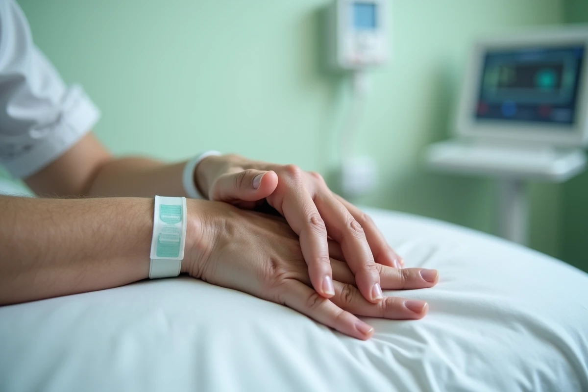 Gros plan de deux mains de personnes âgées se tenant dans une chambre d'hôpital, symbole de soutien et de solidarité face à la maladie