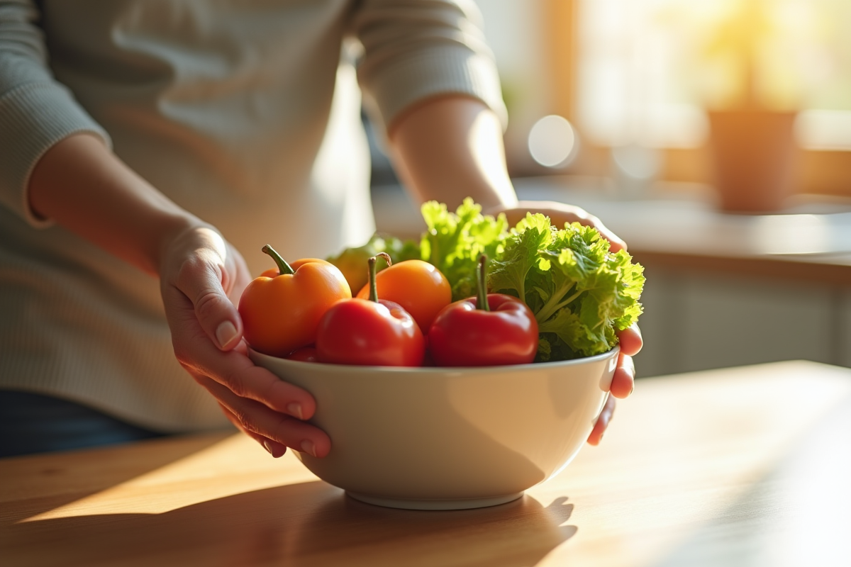 Mains tenant un bol de fruits et légumes frais pour la santé abdominale