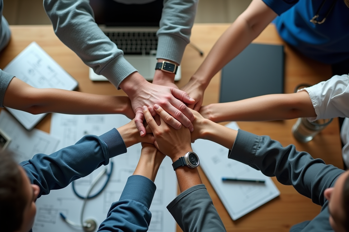 Mains de plusieurs professionnels en soutien sur une table de travail