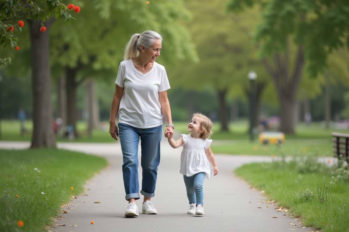 Maman et enfant se promenant dans un parc paisible