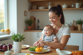 Maman souriante avec son bébé dans une cuisine lumineuse