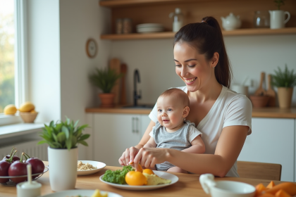 Maman souriante avec son bébé dans une cuisine lumineuse