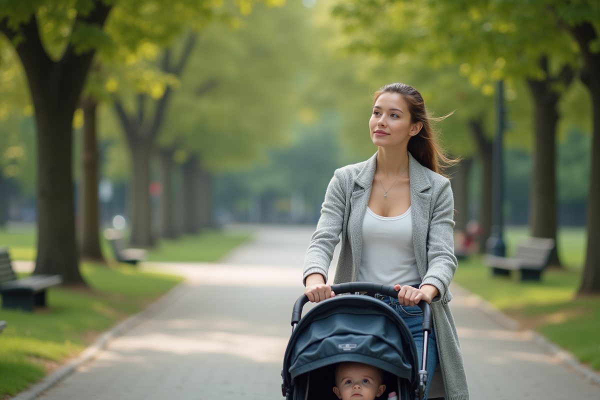 Maman marche dans un parc urbain avec son bébé en poussette