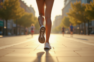 Jambes et pieds marchant rapidement en ville ensoleillée