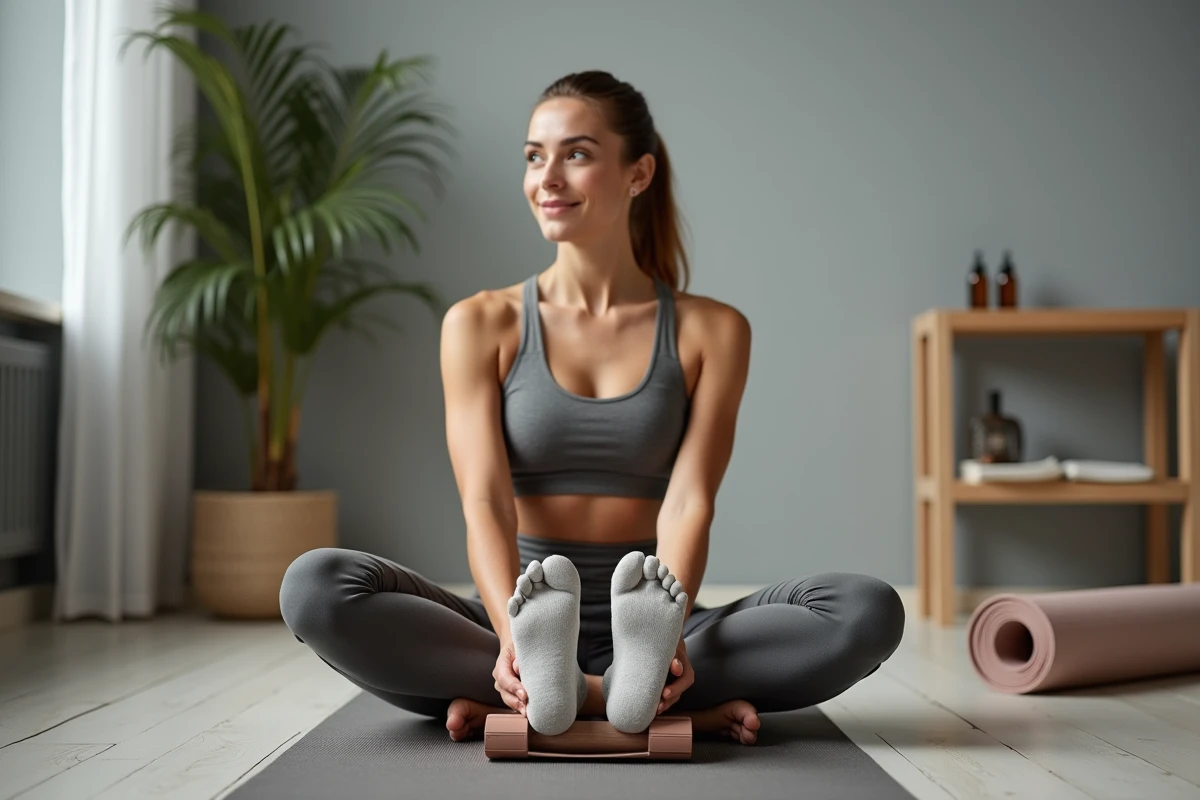 Femme utilisant un rouleau masseur de pied par-dessus ses chaussettes, une erreur courante qui diminue l'efficacité du massage