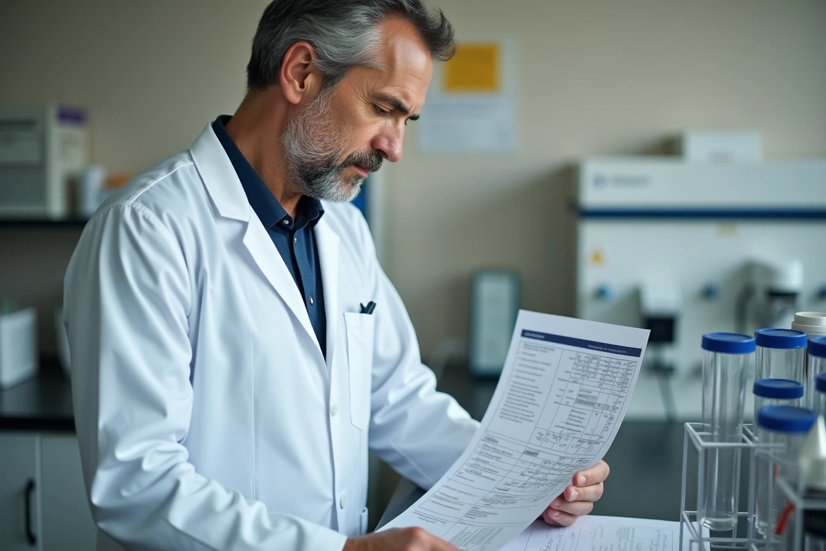 Médecin analysant les résultats d'un bilan rénal avec taux de microalbuminurie élevé en laboratoire clinique