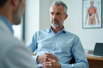 Homme d'âge moyen en consultation médicale dans un bureau