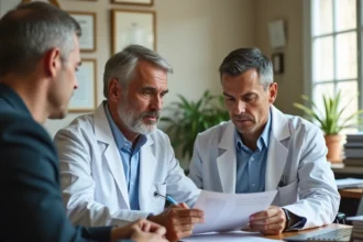 Médecin généraliste en consultation aidant un patient travailleur à compléter un formulaire de maladie professionnelle tableau 57