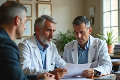 Médecin généraliste en consultation aidant un patient travailleur à compléter un formulaire de maladie professionnelle tableau 57