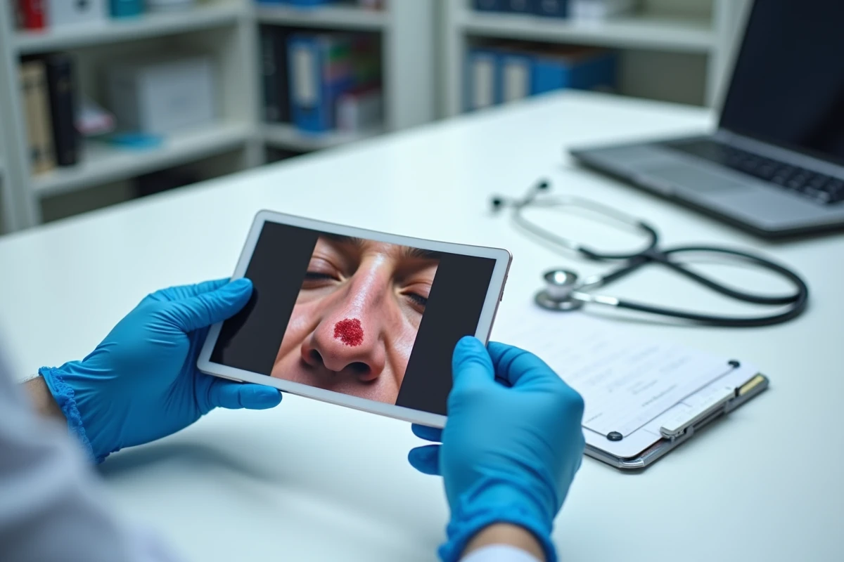 Mains gantées d'un médecin tenant une image dermatoscopique d'une lésion cutanée sur le nez