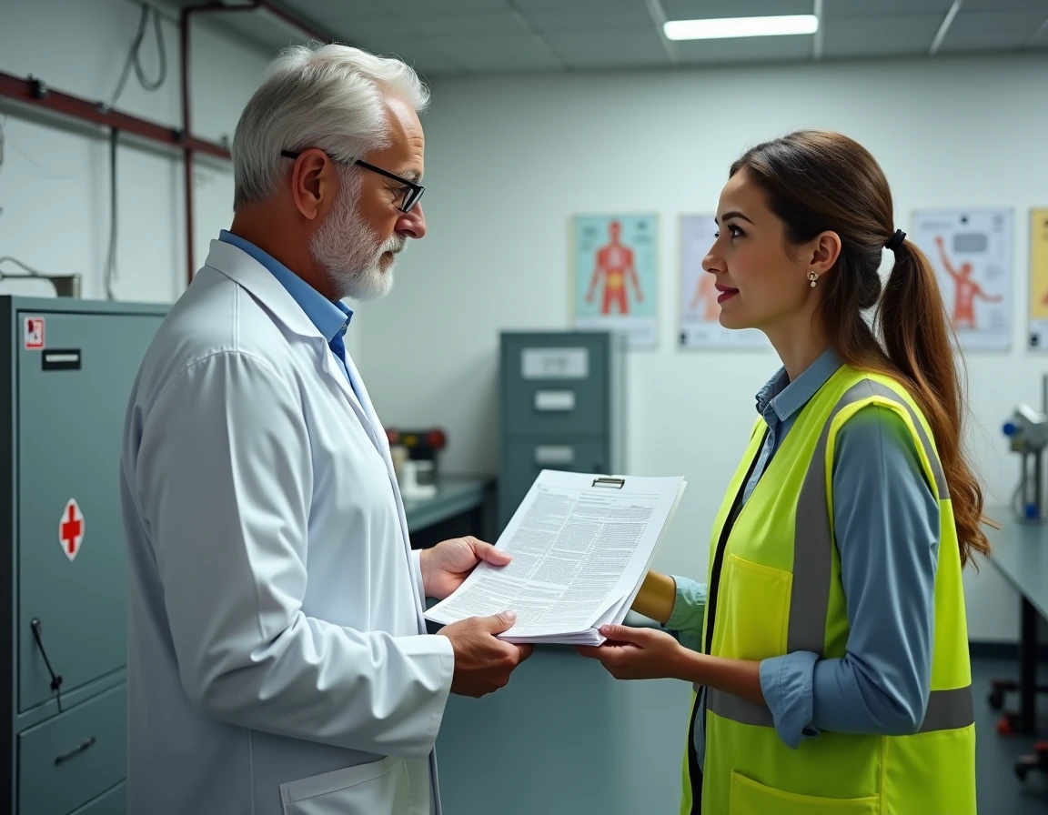 Médecin du travail remettant un formulaire officiel de maladie professionnelle à une salariée dans un cabinet médical d'entreprise