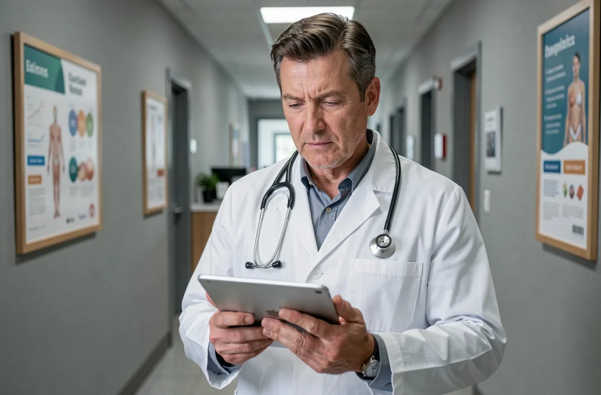 Médecin en blouse blanche consultant des informations de santé sur une tablette dans un couloir de clinique moderne