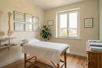 Cabinet d'ostéopathie dans l'Hérault avec table de traitement et diplômes encadrés
