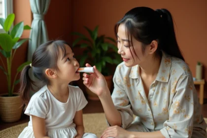 Mère thaïlandaise montrant un inhaleur yadom traditionnel à sa jeune fille dans un intérieur cosy de Bangkok
