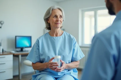 Femme d'âge mûr tenant un flacon d'échantillon urinaire lors d'une consultation médicale pour microalbuminurie