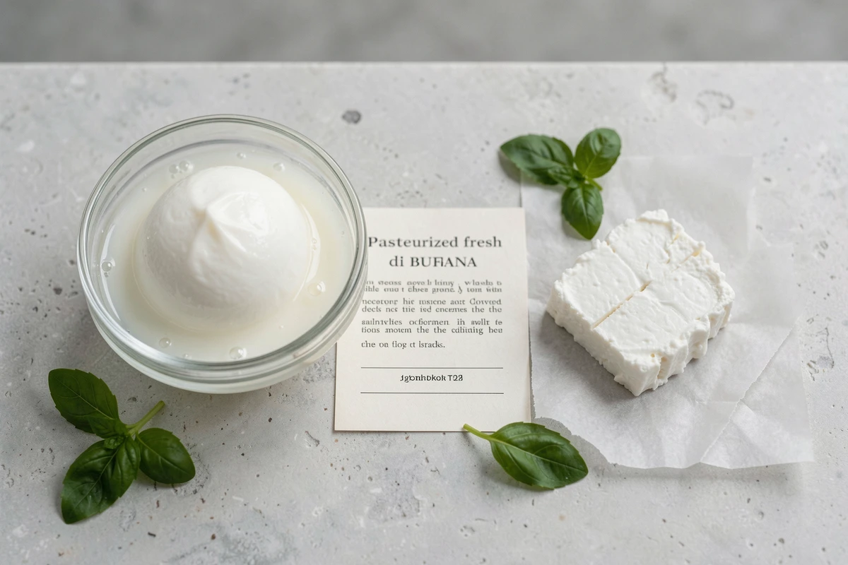 Comparaison entre une mozzarella di bufala dans son eau de conservation et un fromage de chèvre pasteurisé, alternatives sûres pendant la grossesse