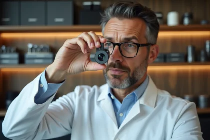 Opticien professionnel tenant un verre ZEISS de haute qualité optique dans un atelier d'optique moderne