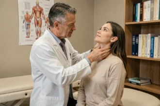 Ostéopathe masculin réalisant un ajustement cervical sur une patiente dans un cabinet médical du Doubs