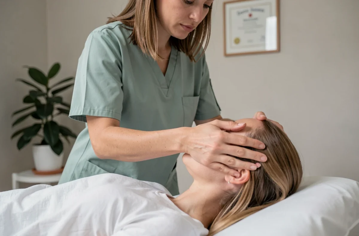Ostéopathe pratiquant une technique crânienne sur une patiente allongée dans son cabinet