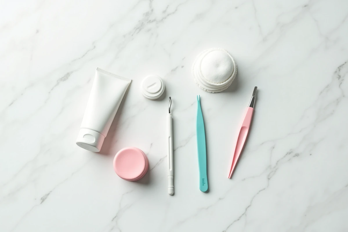 Trousse de soins pour traiter un poil incarné avec pince à épiler stérile, crème antiseptique et cotons, salle de bain propre