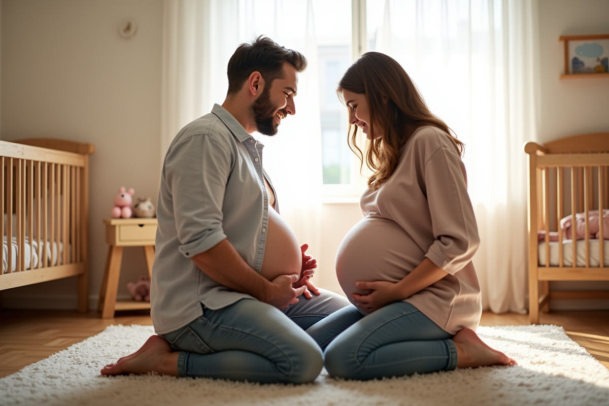 Pere touchant le ventre de sa partenaire dans une nurserie
