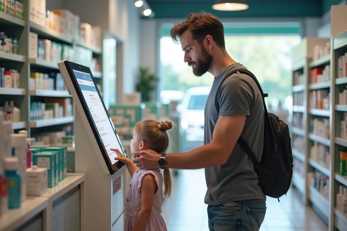 Père et fille regardant un kiosque d