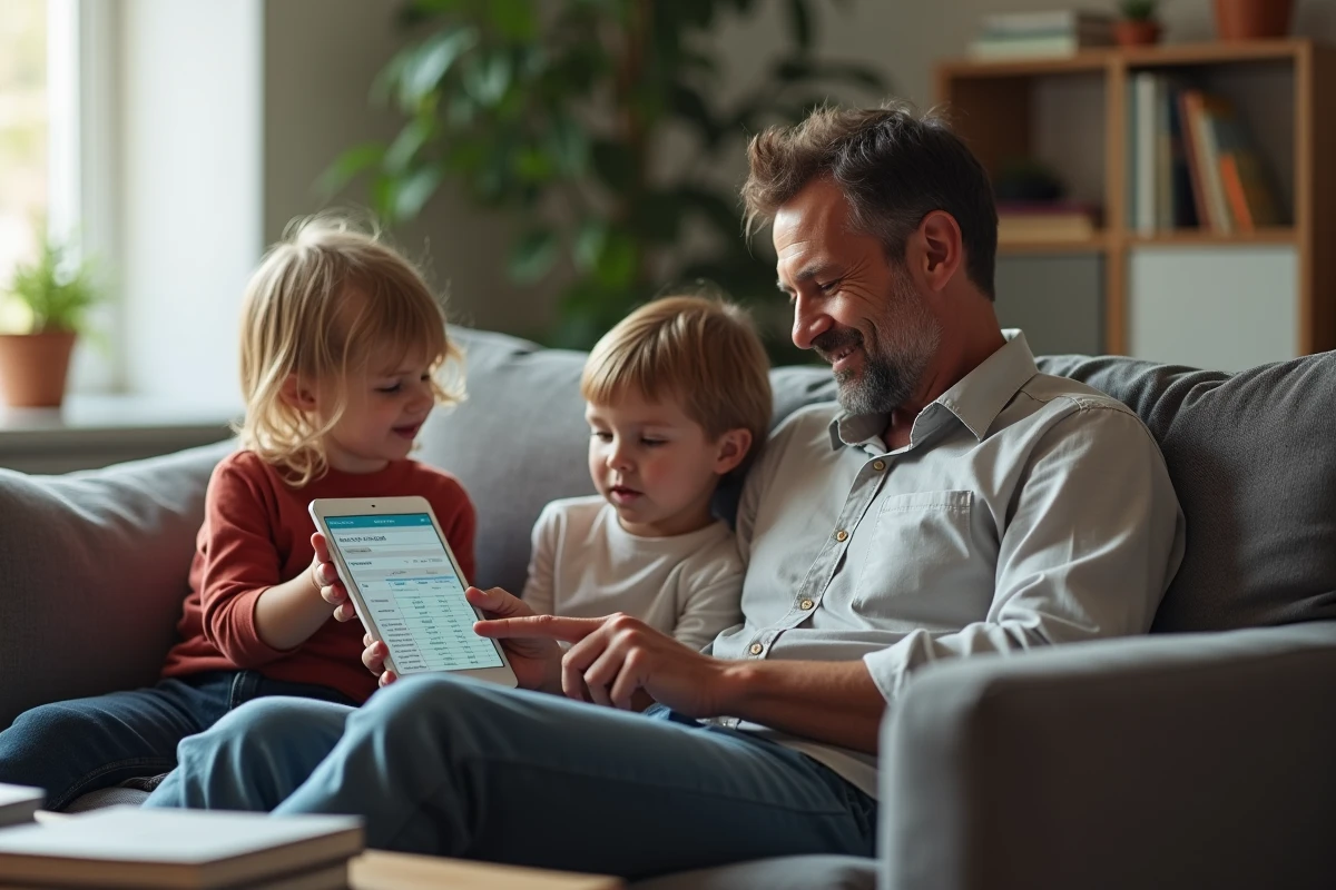 Pere et enfants regardant un tableau sur une tablette