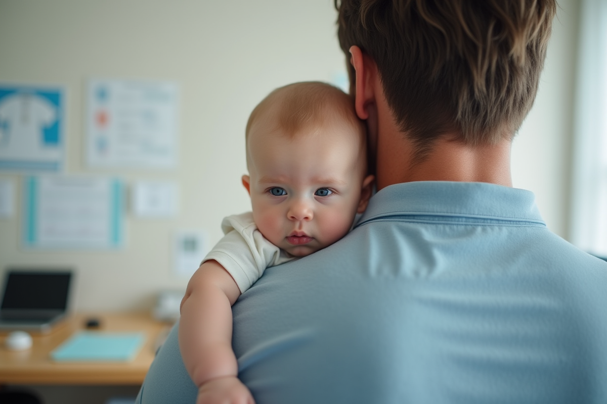 Père tenant son bébé dans un cabinet médical