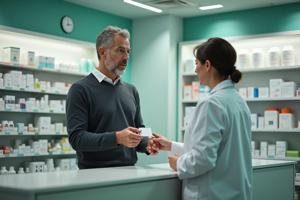 Patient utilisant sa carte Sévéane Groupama dans une pharmacie française pour le tiers payant